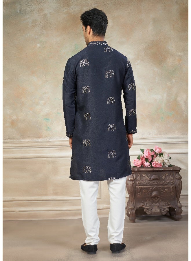 OUTLUK Navy Blue Embroidered Kurta for Men - Image 2